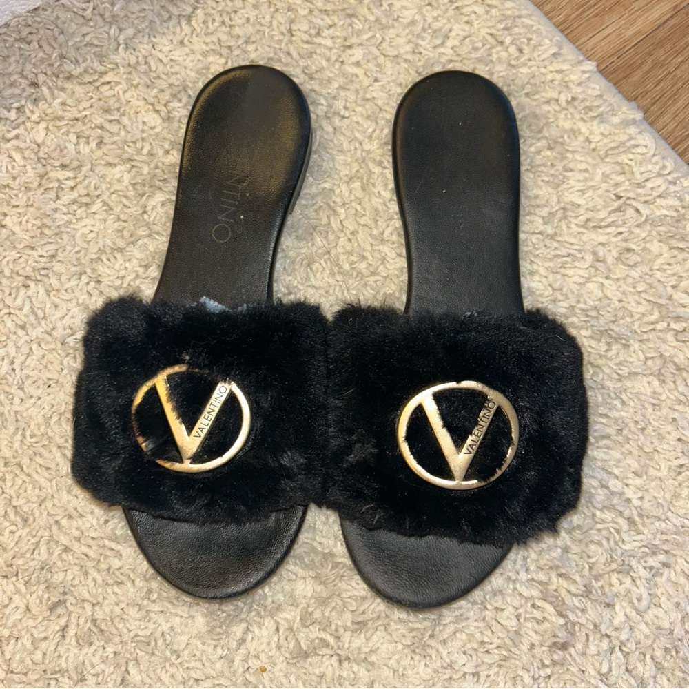 Valentino Black Fur Sandals with Gold Accent. BUNDLE with Dior box and ribbon 🎀 - Picture 2 of 7